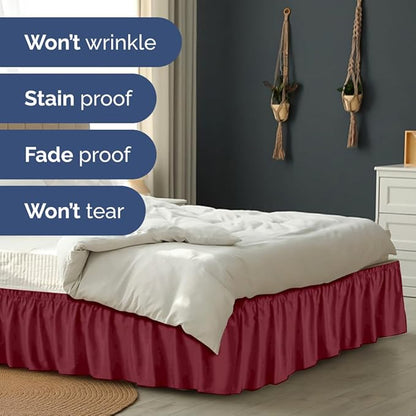 Wrap Around Dust Ruffle Bed Skirt - Burgundy - for Full Size Beds with 12 Inch Drop - Easy Fit Elastic Strap - Adjustable Pleated Bedskirt w/Brushed Fabric Wrinkle Free - for Women, Men, Kids & Teens