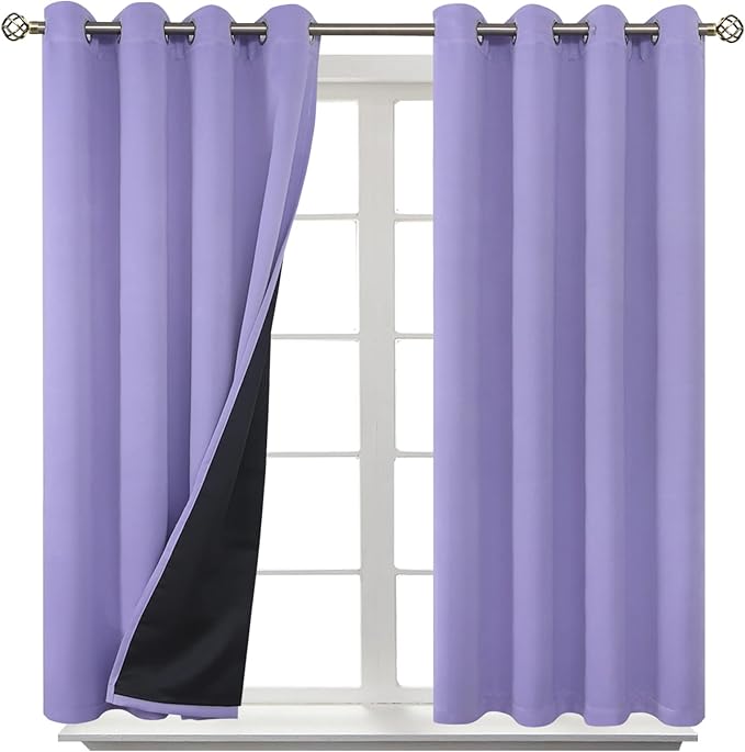 BGment Thermal Insulated 100% Blackout Curtains for Bedroom with Black Liner, Double Layer Full Room Darkening Noise Reducing Grommet Curtain (52 x 54 Inch, Lavender, 2 Panels)