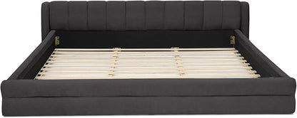 DEINPPA King Size Bed Frame with Cloud Soft Headboard, Chenille Upholstered Grounded Wood Base Bed Frame, No Box Spring Needed-Dark Grey
