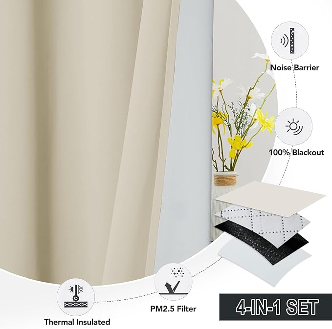 RYB HOME PM 2.5 Filter Curtains for Living Room/Bedroom, Soundproof Blackout Large Window Curtains for Dust Sandstorms Smog Pollen Odor Filtering, Beige, W42 x L84 inch, 2 Panels