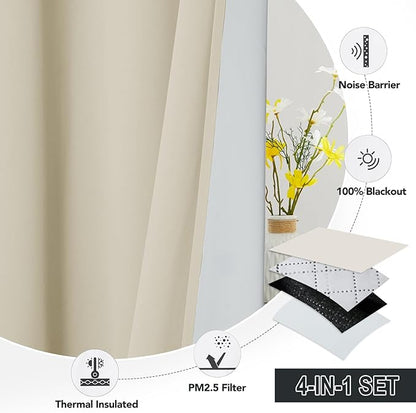 RYB HOME Soundproof & Dust Particle Filtering Curtains Blackout Window Treatment for Bedroom Living Room Divider Nursery Daytime Sleeping Patio Door, Beige, W52 x L 108 inch, 2 Panels