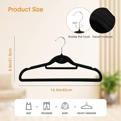 Velvet Clothing Hangers Slim Stackable Non-Slip Black Suit Hanger Space Saving Clothes Hanger Heavy Duty Adult Hangers with 360°Swivel Hook Pack of 20