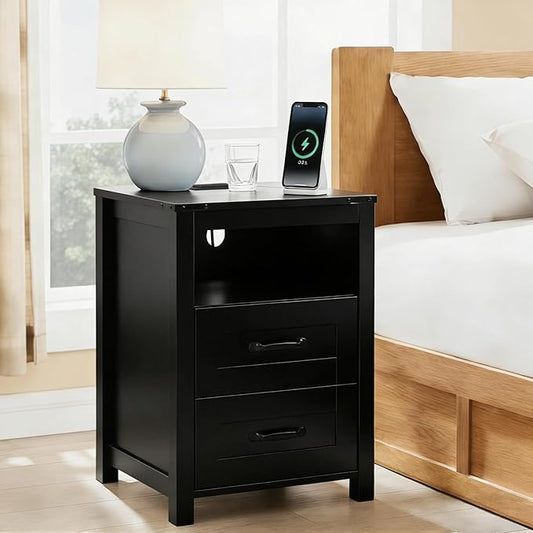 Puntogen Black Night Stand, Rustic End Table with Charging Station, Farmhouse Tall Nightstand for Bedroom, Drawer Dresser Bedside Table with Open Storage Shelf