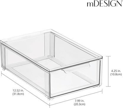mDesign Plastic Stackable Bathroom Storage Organizer Bin Containers with Front Pull Drawer for Bathroom Countertop, Vanity, Closet Shelves - Holder for Beauty Accessories - Lumiere Collection - Clear