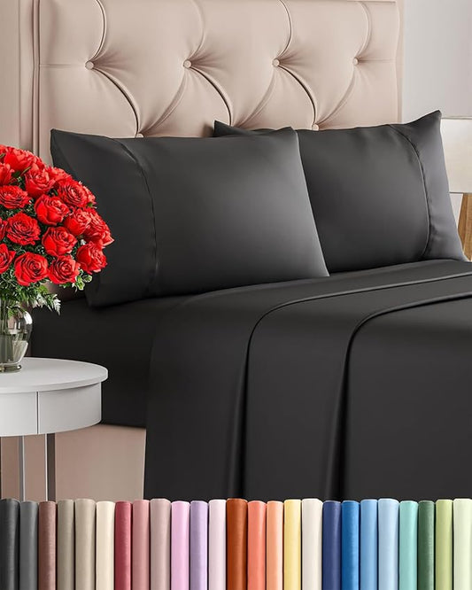 Twin XL 4 Piece Sheet Set - Cooling, Comfy & Breathable - Hotel Luxury Bedding, Includes Fitted Sheet for Women, Men, Kids and Teens - 1 Flat, 1 Fitted Sheet, 2 Pillowcases with Deep Pockets - Black