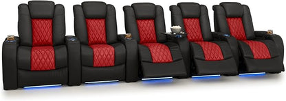 Seatcraft Diamante Zero-Gravity CoolZero Italian Leather Home Theater Seating, Power Headrest, Power Recline, Row of 5, Black/Red
