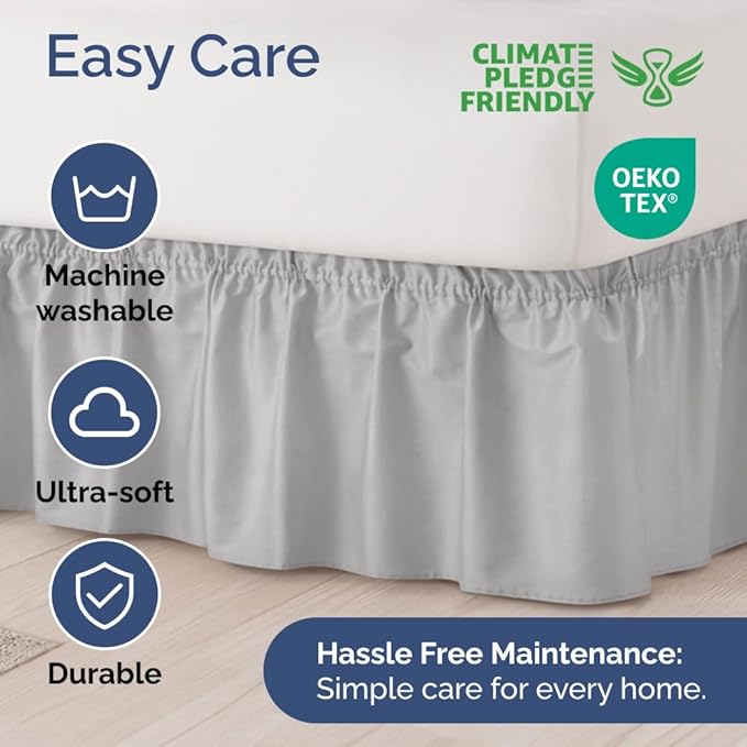 Wrap Around Dust Ruffle Bed Skirt - Light Grey - for Twin Size Beds w/ 14 Inch Drop - Easy Fit Elastic Strap - Adjustable Pleated Bedskirt with Brushed Fabric, Wrinkle Free Women, Men, Kids and Teens