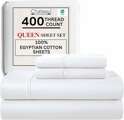 100% Egyptian Cotton Sheets Queen Size Bed Set, Deep Pocket Queen Sheet Set, 400 Thread Count Cotton Bed Sheets, Naturally Cool Soft Breathable No Pill Elasticated Luxury White Bedding For All Seasons