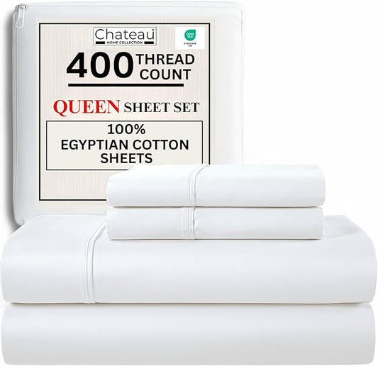 100% Egyptian Cotton Sheets Queen Size Bed Set, Deep Pocket Queen Sheet Set, 400 Thread Count Cotton Bed Sheets, Naturally Cool Soft Breathable No Pill Elasticated Luxury White Bedding For All Seasons