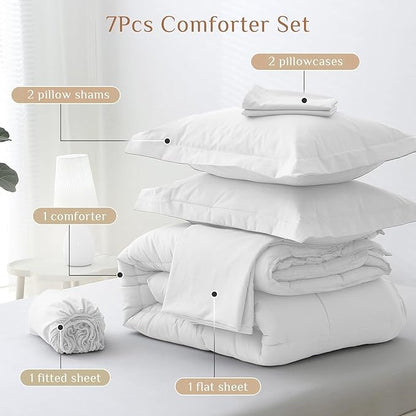 JOLLYVOGUE California King Comforter Set, Ultra-Soft Bed in a Bag Cal King Size 7 Pieces, Oeko-TEX Certified Bedding Set with Down Alternative Comforter, Sheets, Pillowcases & Shams, White