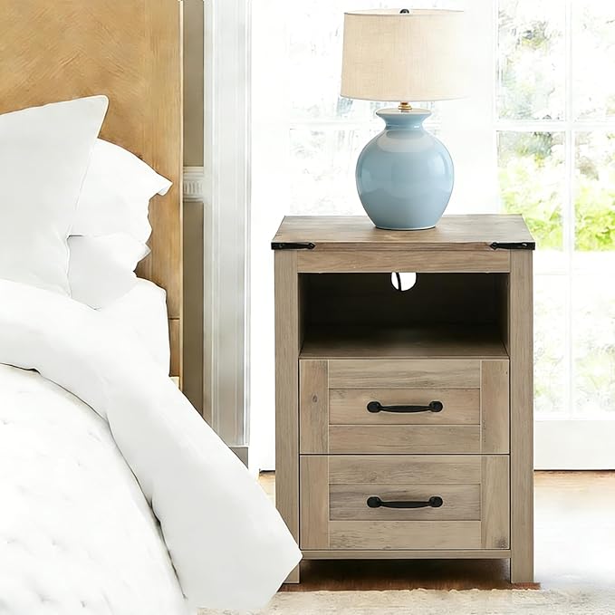 Sierra Rustic Night Stand, Farmhouse End Table, Modern Bedside Table with 2 Storage Drawers and Open Shelf, Tall Nightstand for Bedroom