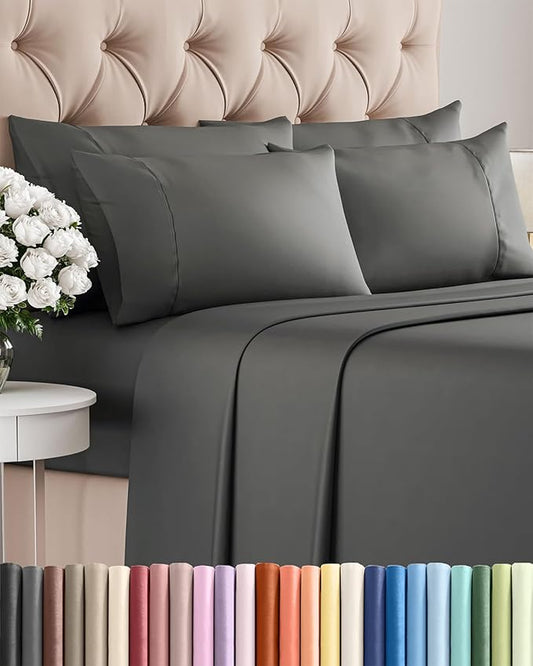 Queen 6 Piece Sheet Set - Cooling, Comfy & Breathable - Hotel Luxury Bedding, Includes Fitted Sheet for Women, Men, Kids & Teens - 1 Flat, 1 Fitted Sheet, 4 Pillowcases with Deep Pockets - Charcoal