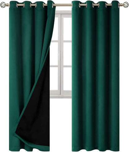 BGment Thermal Insulated 100% Blackout Curtains for Bedroom with Black Liner, Double Layer Full Room Darkening Noise Reducing Grommet Curtain (52 x 84 Inch, Emerald, 2 Panels)