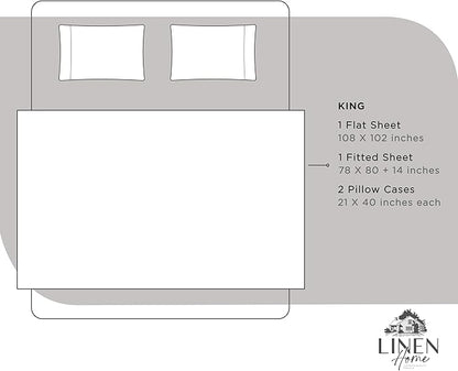 Linen Home 100% Cotton Percale Sheets King Size, Silver, Deep Pocket, 4 Pieces Set - 1 Flat, 1 Deep Pocket Fitted Sheet and 2 Pillowcases, Crisp Cool and Strong Bed Linen