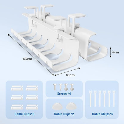 Under Desk Cable Management Tray No-Drill 2 Pack 16.9‘’ Wire Cord Organizers, Cable Management Under Desk for Home and Office No Damage White