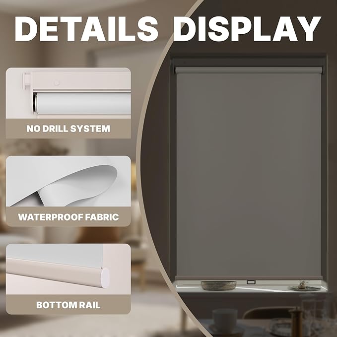 HESTIA No Drill Cordless Blackout Roller Shades Screwless Waterproof Shower Window Blinds, Auto-Retraction Easy Install Blind for Bathroom/Kitchen/Office/Exterior, White, 36" W x 72" H