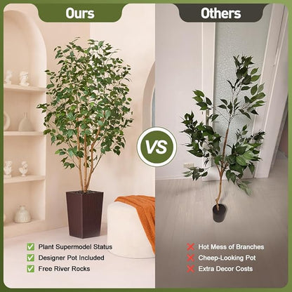 6ft Artificial Ficus Tree,Tall Faux Tree with Silk Leaves & Real Wood Trunk,UV Resistant Potted Fake Plant with Pebbles & Planter-Indoor Outdoor Floor Plant for Home Living Room,VN129