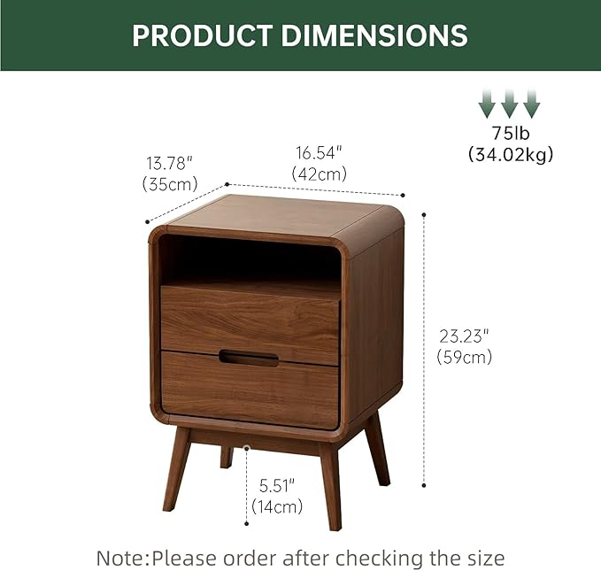 Walnut Nightstand Solid Wood Night Stand, Dark Wood Nightstands with 2 Drawers & Open Shelf, Mid Century Modern Nightstand, Wooden Bedside Table for Bedroom(Dark Black Walnut,23.23" H)