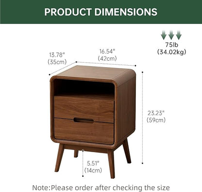 Walnut Nightstand Solid Wood Night Stand, Dark Wood Nightstands with 2 Drawers & Open Shelf, Mid Century Modern Nightstand, Wooden Bedside Table for Bedroom(Dark Black Walnut,23.23" H)