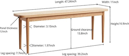 47.2'' Natural Rattan Dining Bench with 100% Solid Oak Wood Bench Frame, Bed End Shoe Ottoman for Kitchen Bedroom Entryway, Natural Oak