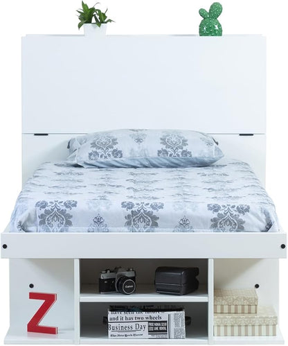 memomad Bali Set: Storage Platform Bed with Drawers + Bookcase Headboard (Twin Size, White Wood)