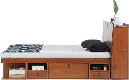 memomad Bali Set: Storage Platform Bed with Drawers + Bookcase Headboard (King Size, Caramel Brown Wood)