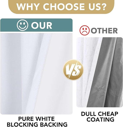 H.VERSAILTEX Linen Curtains 100% Blackout Curtains for Bedroom 90 inch Long Full Light Blocking Nature Linen Blended Window Curtains for Living Room Nickel Grommet (2 Panels, Bright White)