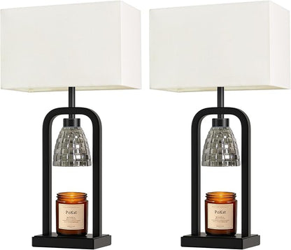 PoKat Table Lamps with Candle Warmer & Timer for Bedroom, Modern Bedside Lamps Set of 2 for Night Stands, 21.5'' Bedroom Lamps Decor for Living Room, Side Table, Hallway, Bulbs Included, Matte Black