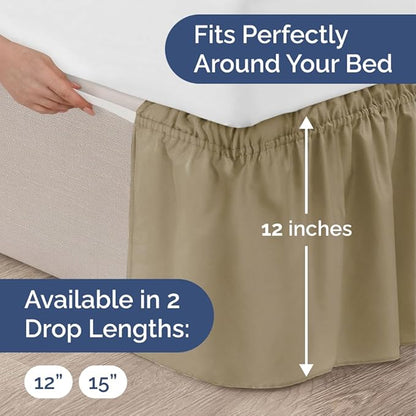 Wrap Around Dust Ruffle Bed Skirt - Khaki - Twin/Twin XL Size Beds w/ 12 Inch Drop - Easy Fit Elastic Strap - Adjustable Pleated Bedskirt w/Brushed Fabric - Wrinkle Free - Women, Men, Kids & Teens