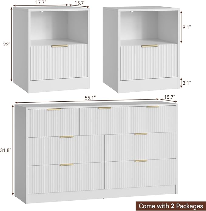 White Dresser & Nightstand Set 3-Piece, Bedroom Dresser with 7 Drawers, Night Stand Set of 2 w/Metal Handle, Fluted Modern Wood Chest of Drawers Storage Dressers Set for Bedroom, White