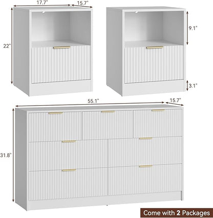 White Dresser & Nightstand Set 3-Piece, Bedroom Dresser with 7 Drawers, Night Stand Set of 2 w/Metal Handle, Fluted Modern Wood Chest of Drawers Storage Dressers Set for Bedroom, White