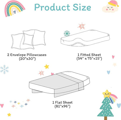 JSD Christmas Kids Sheet Set Full Size, 4 Piece Rainbow Christmas Tree Printed Microfiber Bed Sheets Deep Pocket