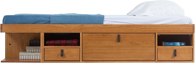 memomad Bali Slim Set: Storage Platform Bed with Drawers + Flat Panel Headboard (Full Size, Oak Brown Wood)