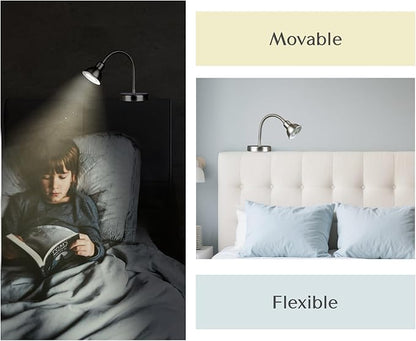 Solfres Patented Innovative Design Headboard Reading Light. No Drilling Golden Book Light for Bedtime Reading. Dimmable LED Book Reading Lamp with Bulb. Movable & Flexible, Silver