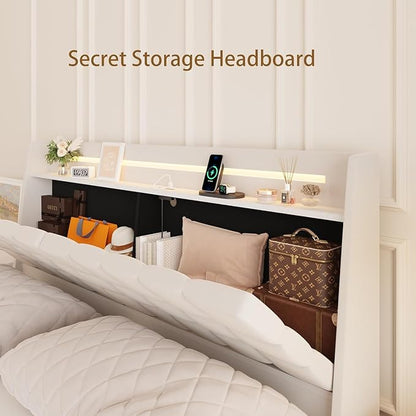 Floating King Size Bed Frame with RGB LED Lights & Charging Station, Upholstered Platform Bed with Hidden Storage Headboard & Shelves, Noise Free Heavy Duty Frame for Bedroom, Beige