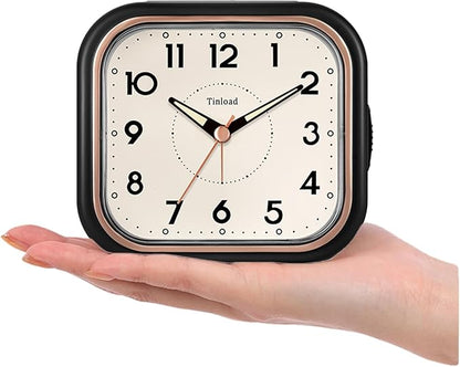 4.5" Vintage Retro Analog Alarm Clock, Super Silent Non Ticking Clock with Manual Light, Snooze, Battery Operated, Simply Design, for Living Room, Bedroom, Bedside, Desk(Black)