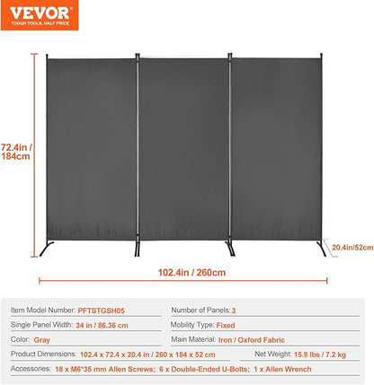 VEVOR Room Dividers, 3 Panel Room Divider, Folding Privacy Screen and Portable Partition Divider for Room Separation, Freestanding Room Partitions for Office, Bedroom, Study, Grey