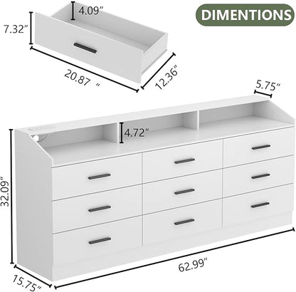 9 Drawers Dresser for Bedroom with Power Outlet, Chest of Drawers with LED Light, Modern Dressers with Open Storage Cubby, Triple Wide Dressers Organizer for Living Room (White)