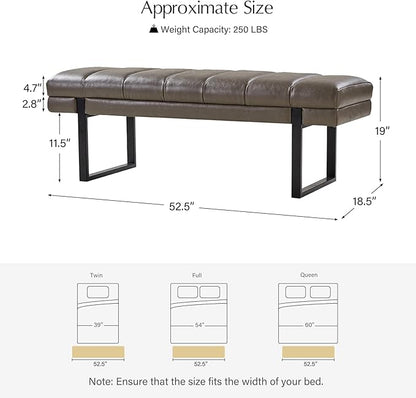 HULALA HOME 53" Faux Leather Entryway Bench, Button Tufted End of Bed Bench Ottoman for Bedroom, Living Room with Metal Base, Grey