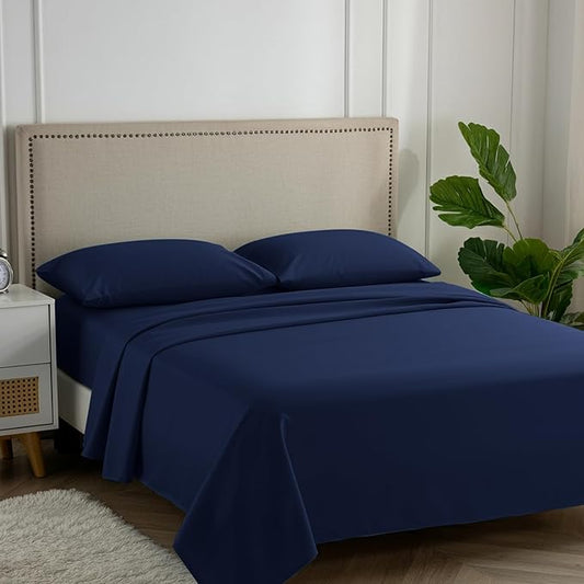 Carressa Linen 100% Egyptian Cotton Queen Sheet Set - 600 Thread Count Egyptian Cotton Queen Sheets Set (4 PC, Indigo), Ultra Soft, Cooling, 16" Deep Pocket Sateen Weave Luxury Hotel Bed Sheet