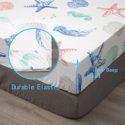 JSD Beach Theme Kids Printed Sheet Set Full, 4 Piece Starfish Jellyfish Coastal Summer Microfiber Bed Sheets Deep Pocket