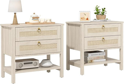 CMFYDAILY Wooden Nightstand Set of 2, Boho Side Tables with 2 Woven Rattan Drawers and Storage Shelf, Bedside Tables for Bedroom, or Home Office