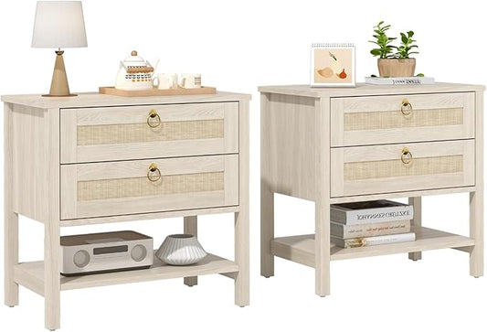 CMFYDAILY Wooden Nightstand Set of 2, Boho Side Tables with 2 Woven Rattan Drawers and Storage Shelf, Bedside Tables for Bedroom, or Home Office