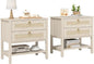 CMFYDAILY Wooden Nightstand Set of 2, Boho Side Tables with 2 Woven Rattan Drawers and Storage Shelf, Bedside Tables for Bedroom, or Home Office