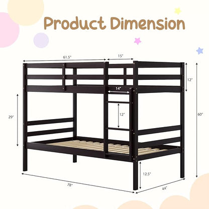 KOMFOTT Wood Bunk Bed Twin Over Twin, Bunk Bed with Ladder & Safety Guardrail, Solid Wood Bed Frame, Ideal for Dormitory & Multiple-Child Family, No Box Spring Needed, Kids Twin Bed