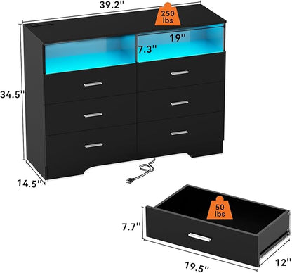 Dresser with Power Outlets and LED Lights Wooden 6 Drawer Dresser with Large Organizer Tall Black Drawer for Bedroom Modern Chest of Drawers Closet for Living Room Kids Room