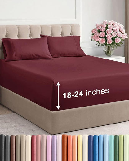 Extra Deep Twin XL Sheet Set - 4 Piece Breathable & Cooling Sheets - Hotel Luxury Bed Sheets Set - Easy & Secure Fit - Soft, Wrinkle Free & Comfy Sheets Set - Burgundy Sheet Set w/Extra Deep Pockets