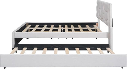 Full Size Bed Frame with Twin Size Trundle and 2 Storage Drawers,Linen Upholstered Platform Bed Frame Full with Brick Pattern Headboard,Solid Wood Slat Support,No Box Spring Needed,Beige
