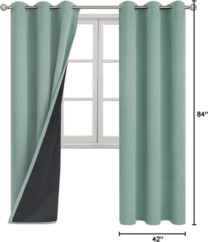 BGment Thermal Insulated 100% Blackout Curtains for Bedroom with Black Liner, Double Layer Full Room Darkening Noise Reducing Grommet Curtain (42 x 84 Inch, Frosty Green, 2 Panels)