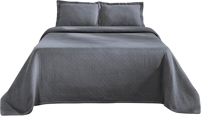 Superior 100% Cotton Basket Weave Bedspread with Shams, All-Season Premium Cotton Matelasse Jacquard Bedding, Quilted-Look Geometric Basket, Queen, Grey